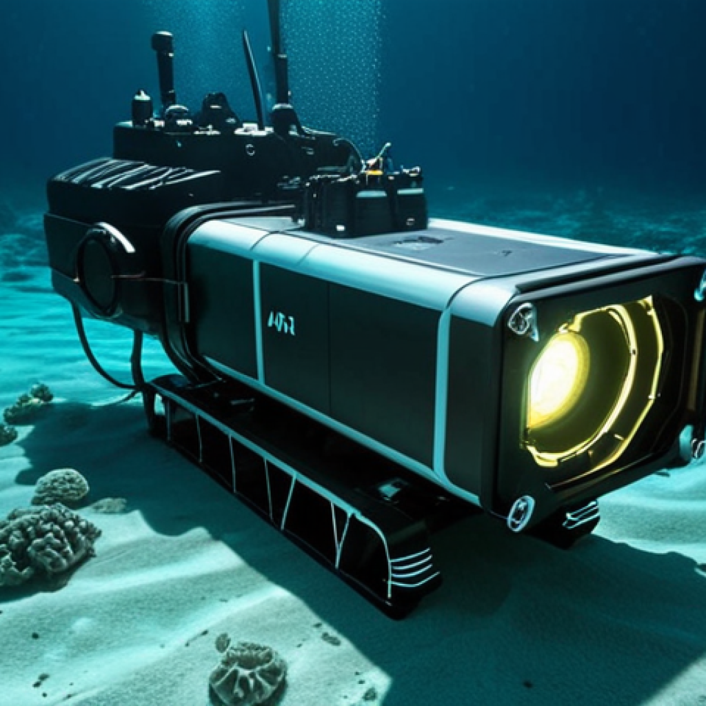 **AI's Vision Systems: Unveiling the Abyssal Clarity**
    A futuristic deep-sea ROV, equipped with glowing AI vision systems, navigates a pitch-black abyssal plain. Transparent data overlays show real-time processed sonar images transforming murky raw data into a crystal-clear 3D bathymetric map, highlighting newly identified deep-sea creatures and geological anomalies with luminous outlines. The scene emphasizes AI's superhuman visual clarity and instant discovery in extreme environments.