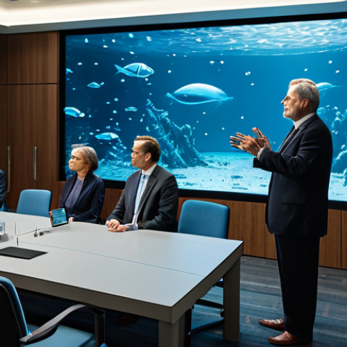 Home 18 A diverse group of professional adults, including scientists and policymakers, in a modern, well-lit conference room. They are fully clothed in modest business attire, engaged in a thoughtful discussion around a holographic projection displaying abstract representations of the deep sea. The atmosphere is serious and contemplative, emphasizing the weight of their decisions regarding oceanic frontiers. Perfect anatomy, natural pose, correct proportions, well-formed hands, proper finger count, natural body proportions. Professional photography, high quality, safe for work, appropriate content, fully clothed, professional, family-friendly.