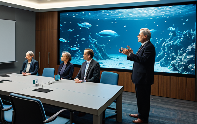 A diverse group of professional adults, including scientists and policymakers, in a modern, well-lit conference room. They are fully clothed in modest business attire, engaged in a thoughtful discussion around a holographic projection displaying abstract representations of the deep sea. The atmosphere is serious and contemplative, emphasizing the weight of their decisions regarding oceanic frontiers. Perfect anatomy, natural pose, correct proportions, well-formed hands, proper finger count, natural body proportions. Professional photography, high quality, safe for work, appropriate content, fully clothed, professional, family-friendly.