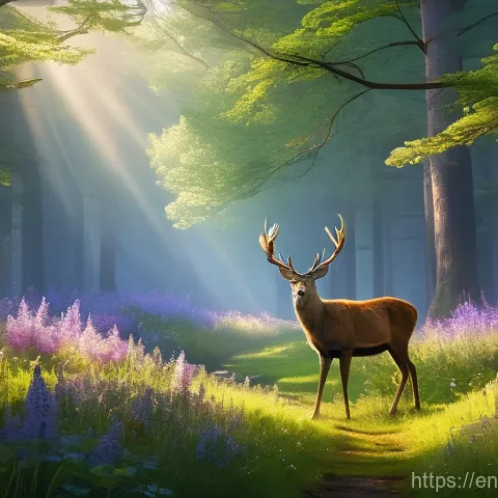 심해 자원 개발과 국제법의 관계 - A serene, sun-drenched forest clearing, with dappled sunlight filtering through tall, ancient trees....