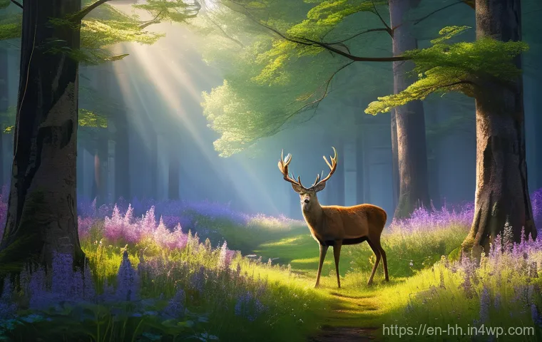 심해 자원 개발과 국제법의 관계 - A serene, sun-drenched forest clearing, with dappled sunlight filtering through tall, ancient trees....