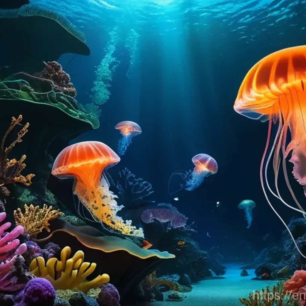 심해 생물자원 보호를 위한 정책 제안 - A breathtaking, high-resolution image of a vibrant deep-sea ecosystem. Focus on bioluminescent creat...