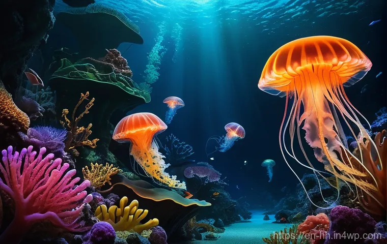 심해 생물자원 보호를 위한 정책 제안 - A breathtaking, high-resolution image of a vibrant deep-sea ecosystem. Focus on bioluminescent creat...