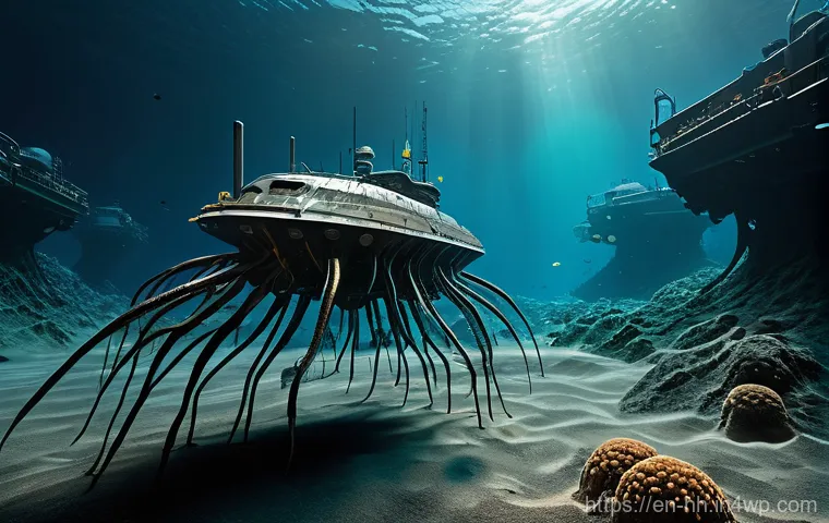 심해 생물자원 보호를 위한 정책 제안 - A breathtaking, high-resolution image of a vibrant deep-sea ecosystem. Focus on bioluminescent creat...
