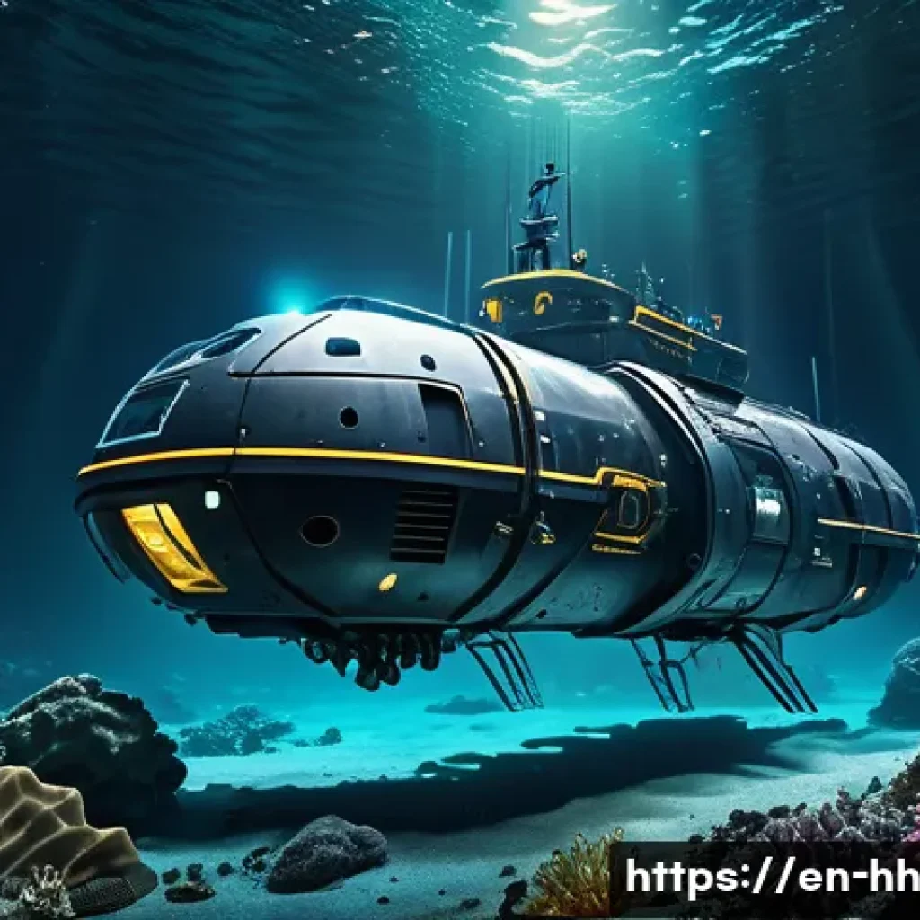 심해 탐사의 경제적 가치와 그 미래 - A futuristic deep-sea mining operation scene on the ocean floor, showcasing robotic submarines with ...