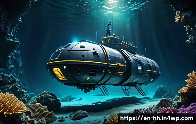 심해 탐사의 경제적 가치와 그 미래 - A futuristic deep-sea mining operation scene on the ocean floor, showcasing robotic submarines with ...