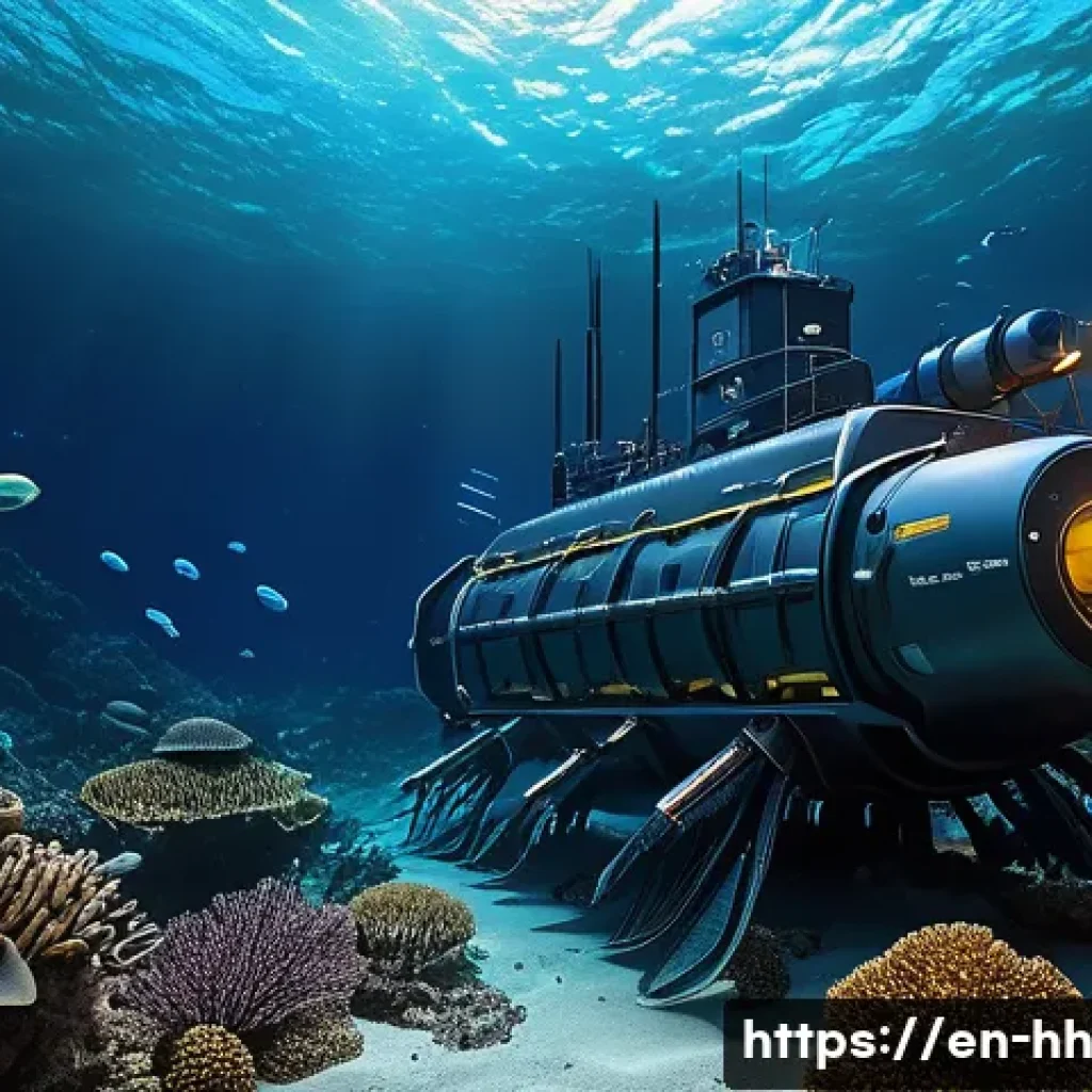심해 식민지 구상에 필요한 연구 자원 - A highly detailed underwater scene showcasing an autonomous underwater vehicle (AUV) harvesting poly...