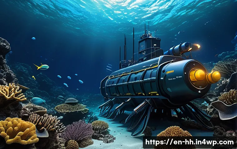 심해 식민지 구상에 필요한 연구 자원 - A highly detailed underwater scene showcasing an autonomous underwater vehicle (AUV) harvesting poly...