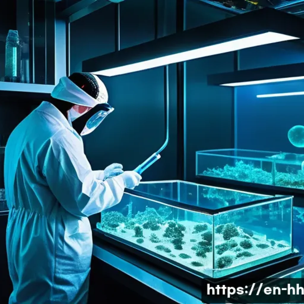 심해 생물학적 연구의 응용 가능성 - A futuristic laboratory scene deep underwater, showcasing scientists in high-tech suits carefully ex...