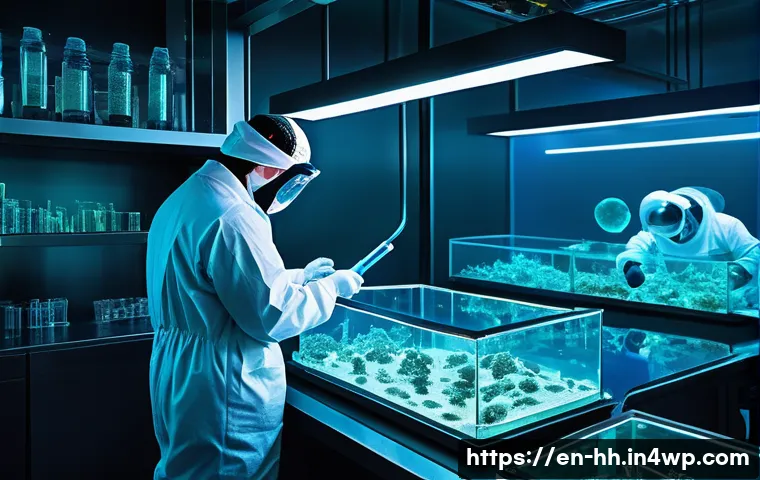 심해 생물학적 연구의 응용 가능성 - A futuristic laboratory scene deep underwater, showcasing scientists in high-tech suits carefully ex...