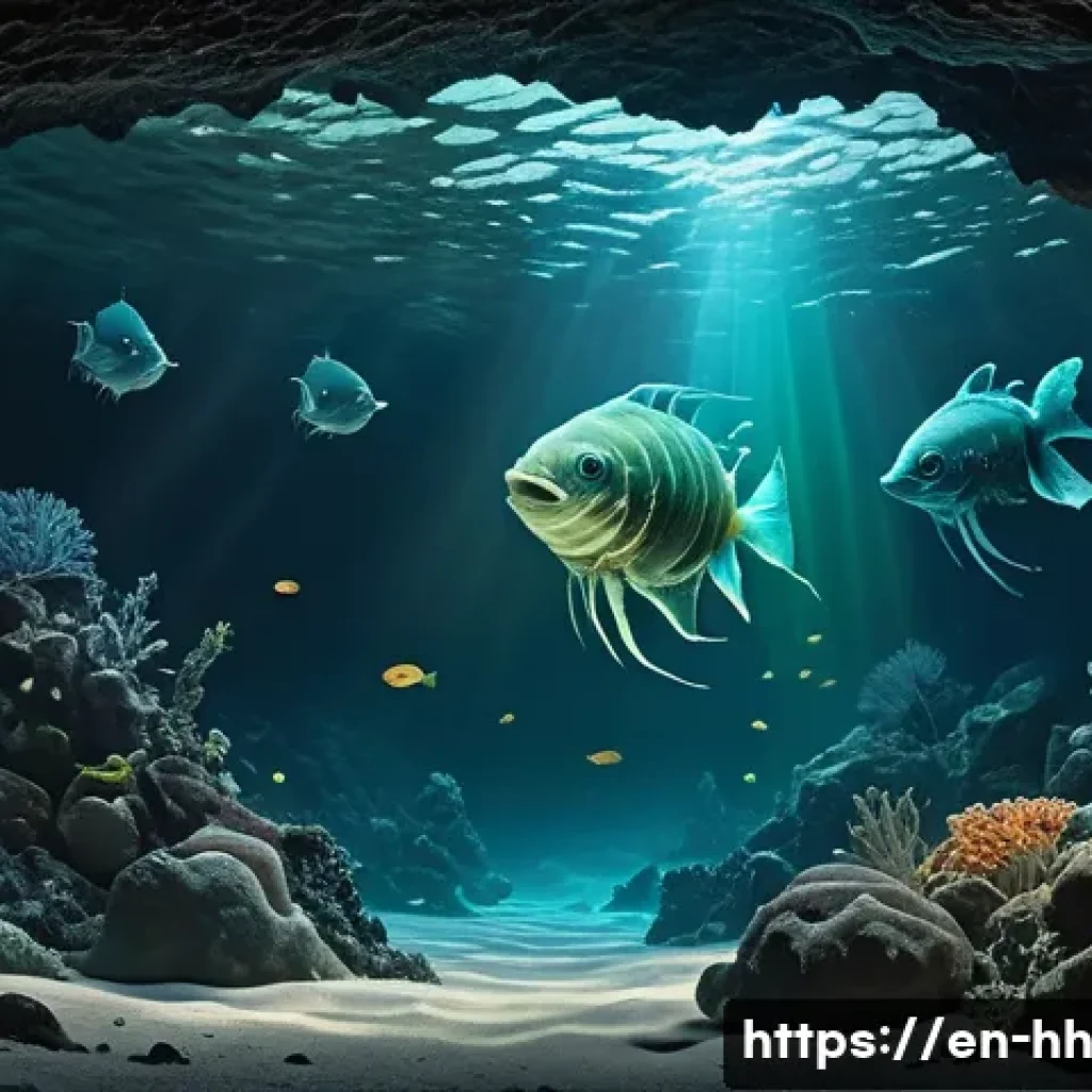 심해 탐사와 식민지 구상에 대한 생물학적 연구 - A detailed, photorealistic deep-sea scene showing various abyssal lifeforms adapted to extreme press...