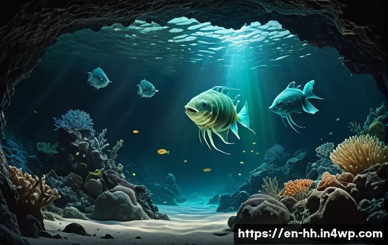 심해 탐사와 식민지 구상에 대한 생물학적 연구 - A detailed, photorealistic deep-sea scene showing various abyssal lifeforms adapted to extreme press...