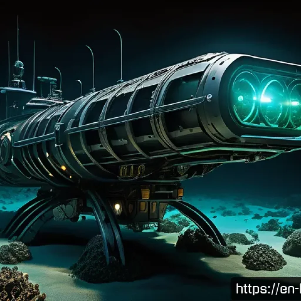 심해 탐사 기술과 식민지 건설의 연관성 - A futuristic deep-sea exploration scene showing a sleek, AI-driven unmanned underwater vehicle (UUV)...