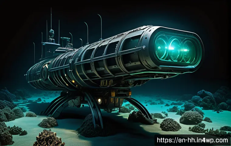 심해 탐사 기술과 식민지 건설의 연관성 - A futuristic deep-sea exploration scene showing a sleek, AI-driven unmanned underwater vehicle (UUV)...