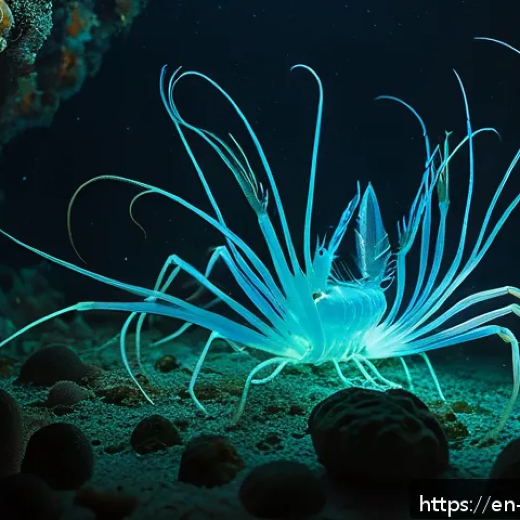 심해 식민지의 사회적 구조와 문화 - A detailed underwater scene showcasing a deep-sea colony of shrimp and crabs engaged in mutual groom...