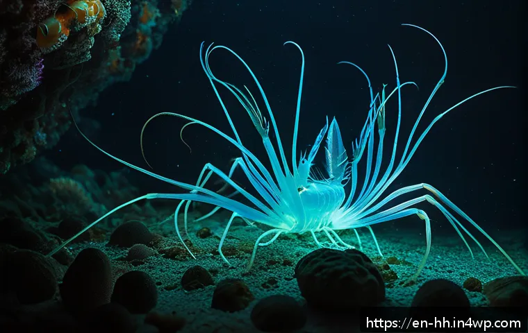 심해 식민지의 사회적 구조와 문화 - A detailed underwater scene showcasing a deep-sea colony of shrimp and crabs engaged in mutual groom...