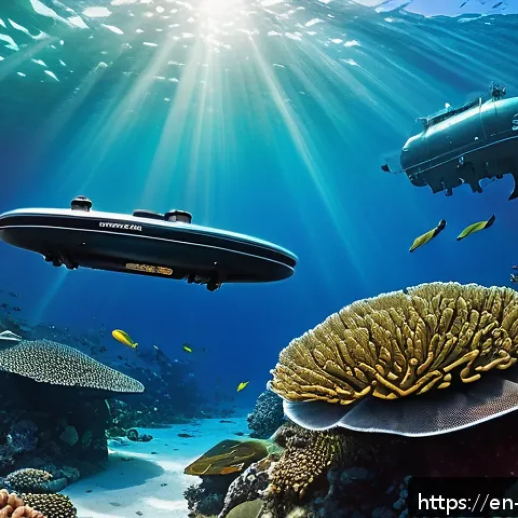 심해 생태계와 인간의 상생 방안 - A high-tech underwater scene featuring autonomous underwater vehicles equipped with smart sensors gl...