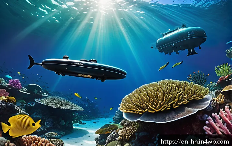 심해 생태계와 인간의 상생 방안 - A high-tech underwater scene featuring autonomous underwater vehicles equipped with smart sensors gl...