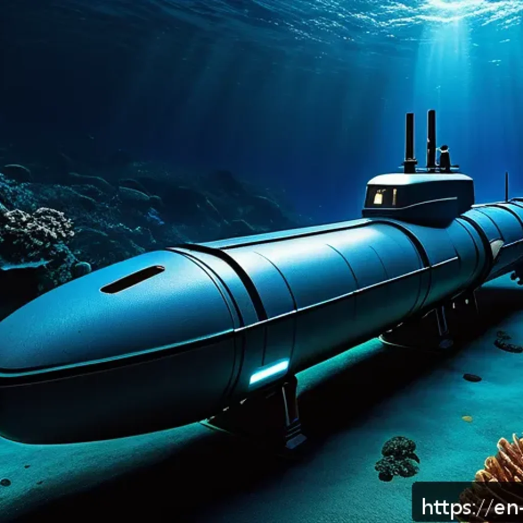 심해 탐사와 연구의 미래 방향 - A highly detailed scene of a futuristic autonomous underwater vehicle (AUV) navigating the abyssal o...