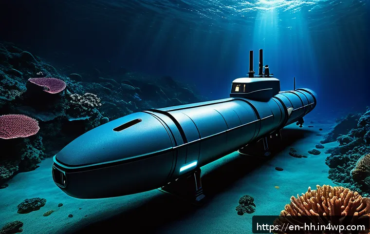 심해 탐사와 연구의 미래 방향 - A highly detailed scene of a futuristic autonomous underwater vehicle (AUV) navigating the abyssal o...