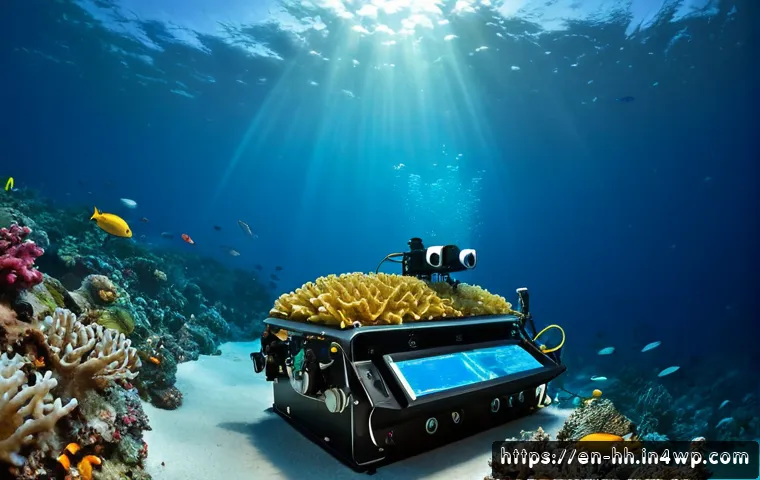 심해 생태계와 인간의 갈등 해결 방안 - Photorealistic deep-sea conservation scene, a remotely operated underwater vehicle gently surveying ...