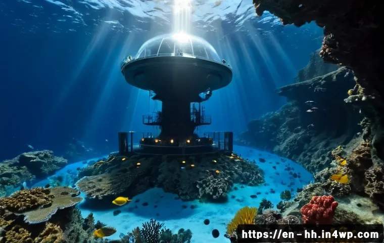 심해 식민지 구상과 인류의 새로운 도전 - Photorealistic deep-sea colony concept, a massive glass-domed habitat resting on the ocean floor bes...